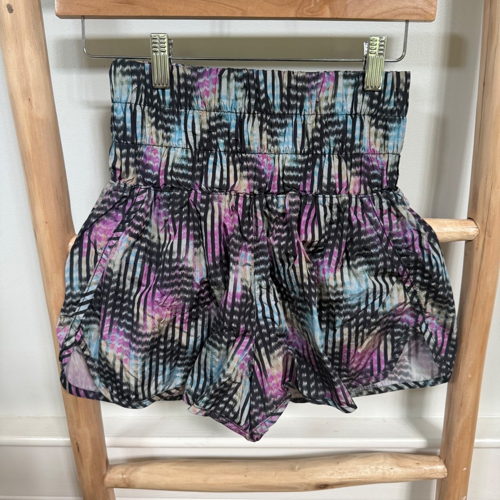 FP Movement The Way Home Shorts Womens Medium‎ Black Purple Ikat Abstract Print
